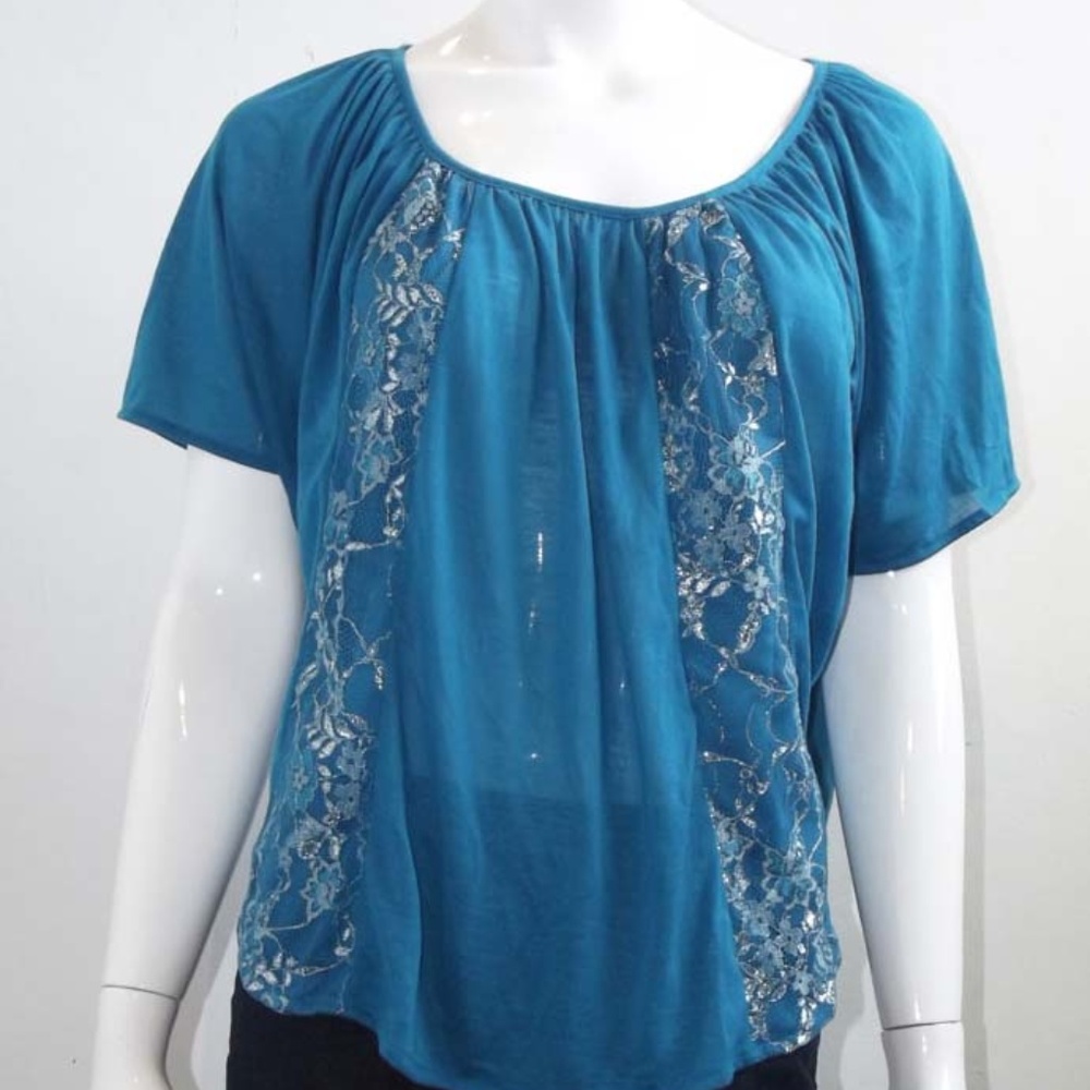 Blue & Silver Lace Ruffled Crop Top/Blouse Size M